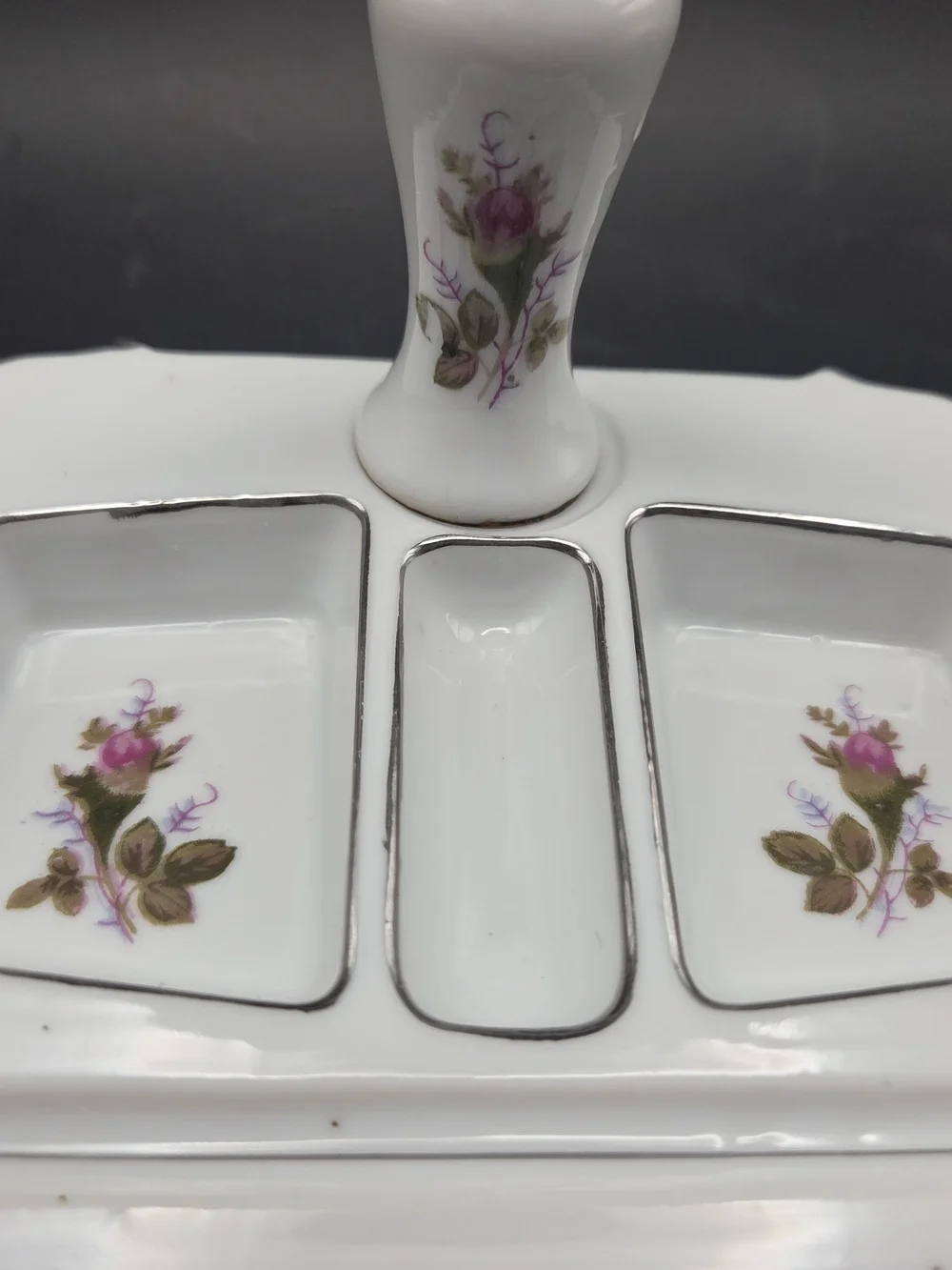 Vintage Porcelain Swivel Vanity Mirror with Floral Divided Trinket Tray